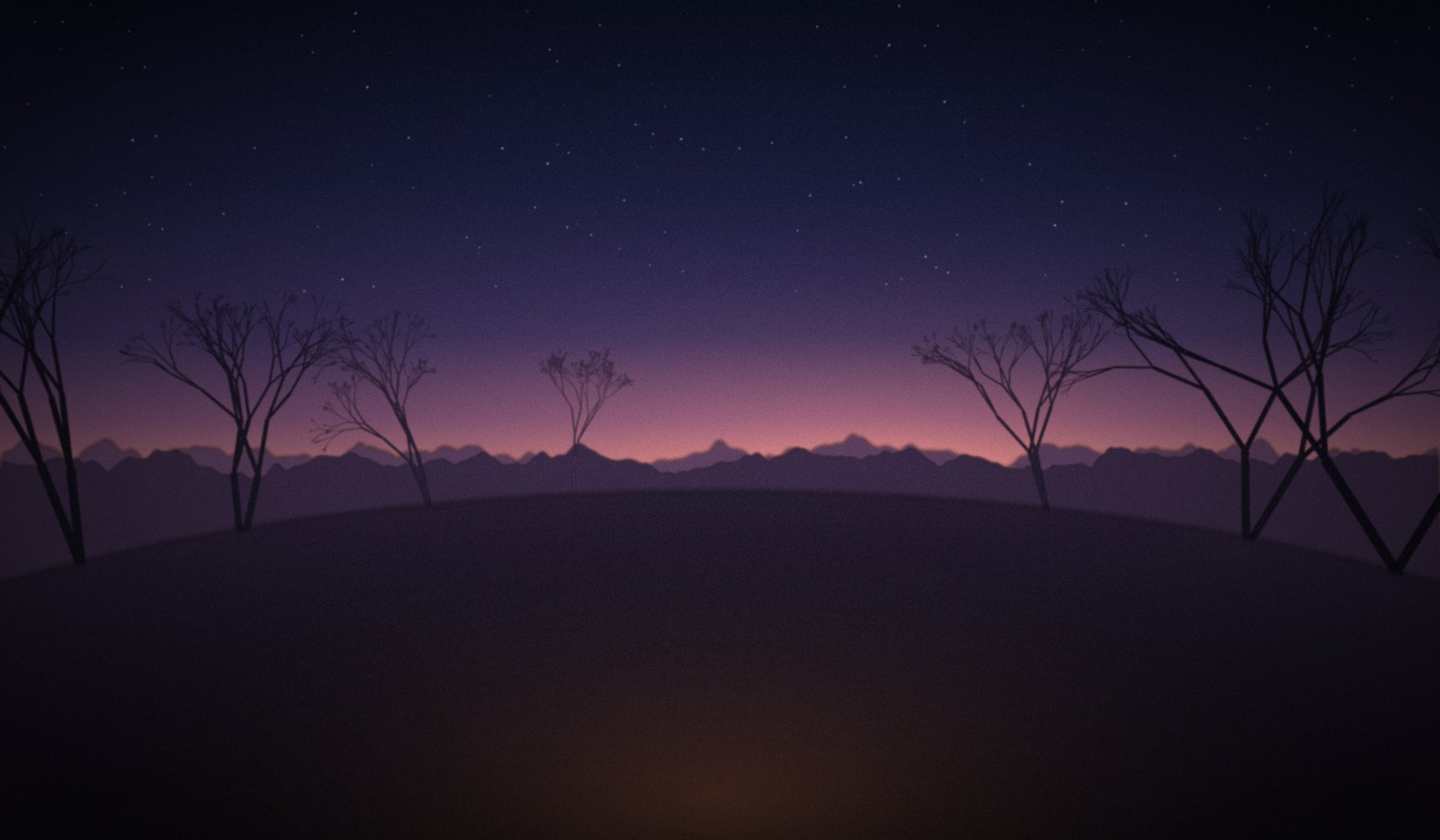 Bare trees against a purple and rose twilight sky